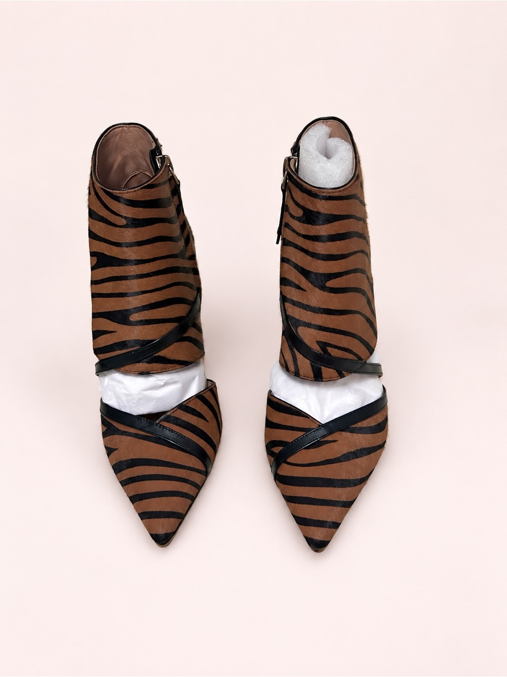 Gorgeous Brown and Black Zebra-Striped Pointed Ankle Booties